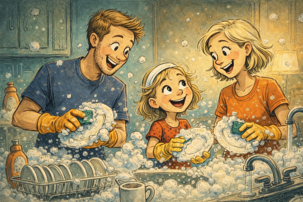 가족이 함께 설거지하며 영어회화를 연습하는 모습