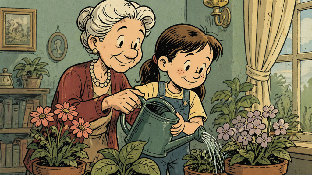 할머니와 손주가 집에서 식물에 물을 주며 영어 대화를 나누는 따뜻한 장면