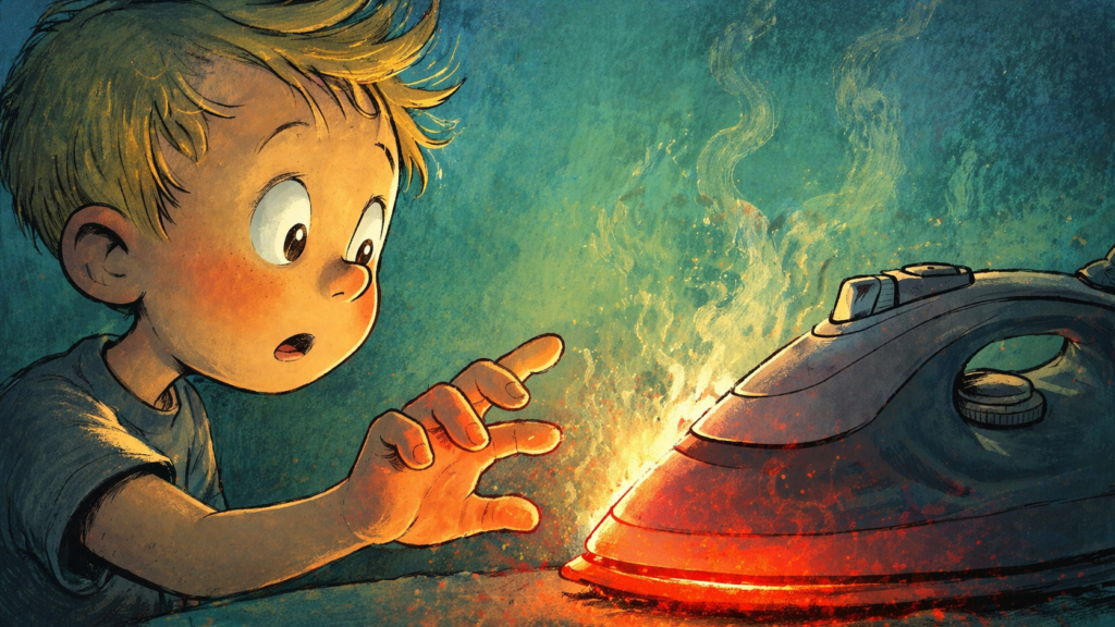 호기심 많은 아이가 뜨거운 다리미에 손을 뻗는 장면 (hot iron, child safety)