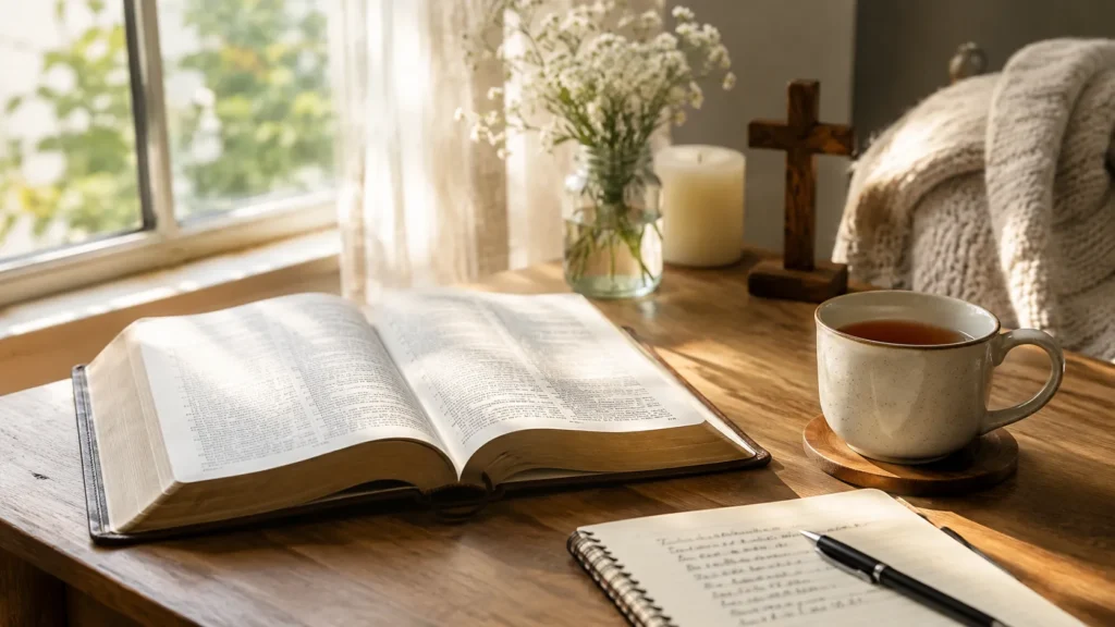An open Bible on a wooden table beside a warm cup of tea, a prayer journal, and a wooden cross in soft morning light, symbolizing peace and comfort during anxious moments.