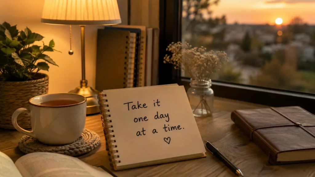 마음이 지칠 때 천천히 하루씩 나아가라는 영어 문장 Take it one day at a time이 적힌 노트