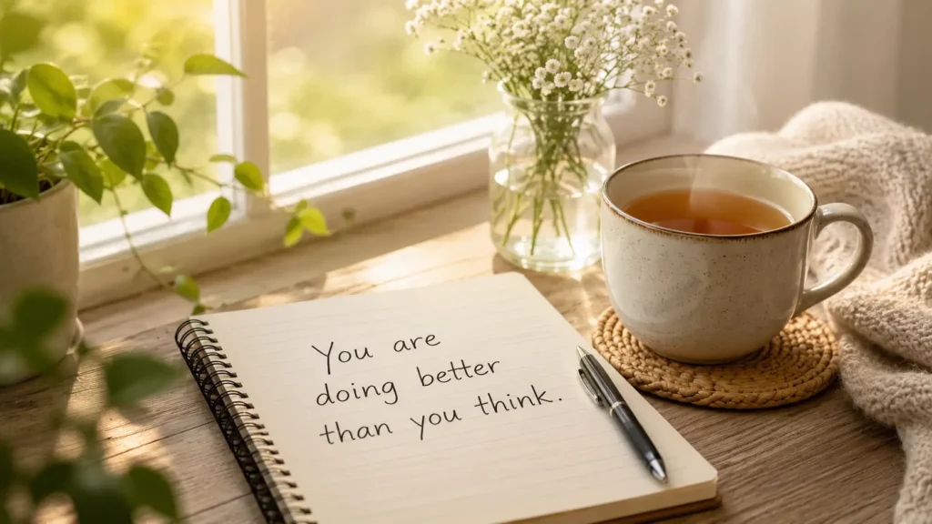 마음이 지칠 때 힘이 되는 영어 문장 You are doing better than you think가 적힌 노트와 따뜻한 차 한 잔